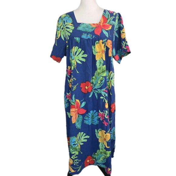 Vintage La Cera Cotton Tropical House Dress Muumuu Medium Blue Floral Sz L - Picture 1 of 11